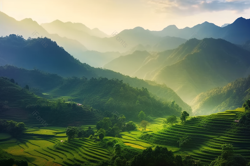 绿色梯田高山深处眺望航拍全景风景背景,高清,摄影图,摄影图片,图片大全,摄影图免费下载